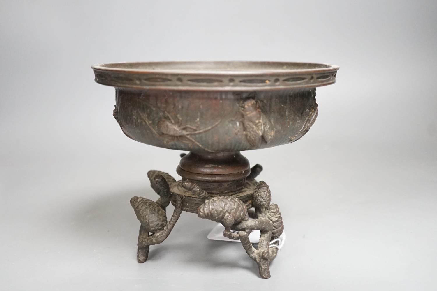 A Japanese Meiji period bronze censer decorated with insects, on a pinecone base, signed. Height - Image 4 of 6