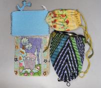 A late 19th century floral bead worked drawstring bag, a later jazz age beaded bag, a turquoise