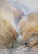 19th century English School, watercolour, Angler in a mountain gorge, 30 x 22cm