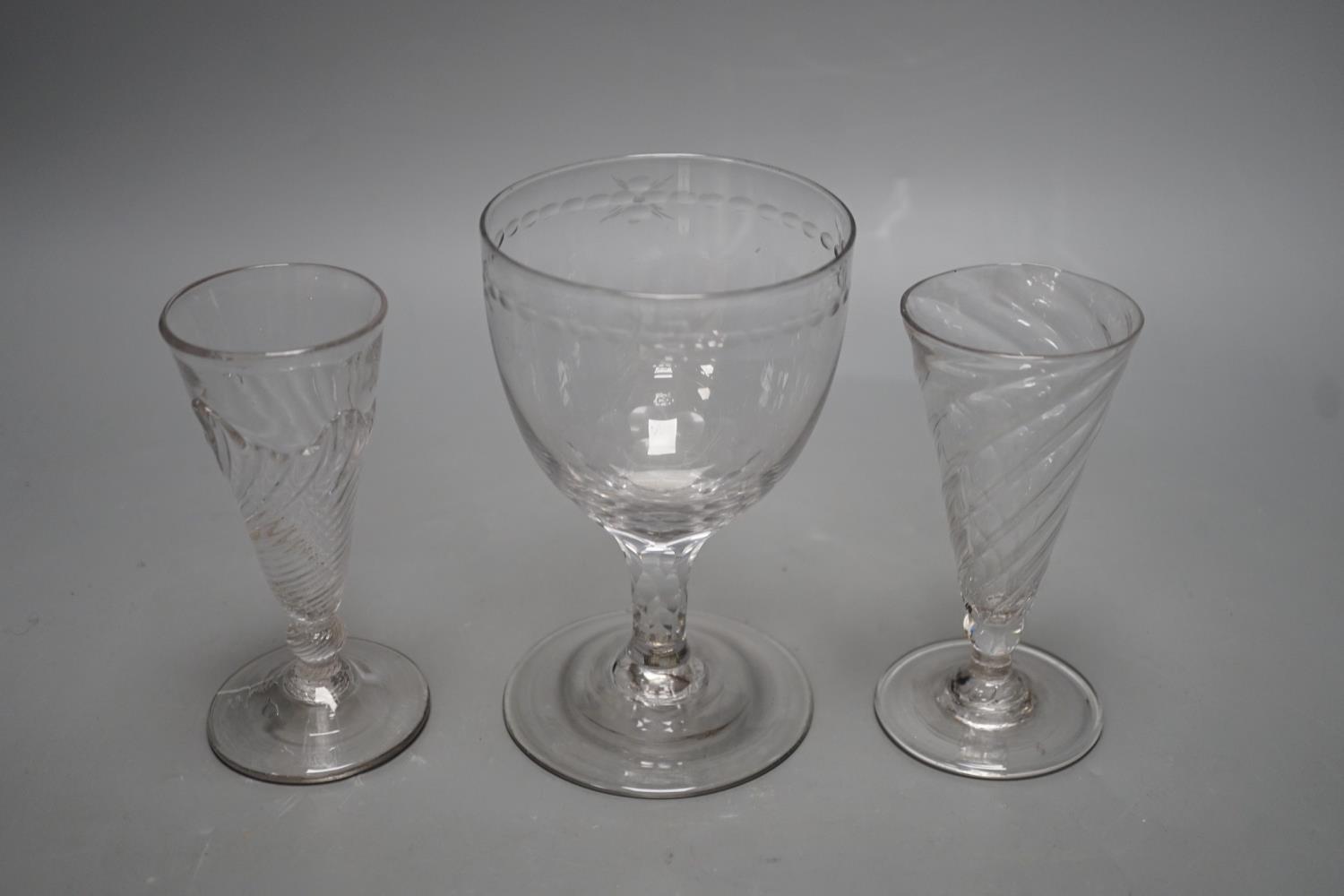 Two wrythen ale flutes, 18th century and a facet stem ‘OXO’ glass rummer, tallest 15cms high - Image 2 of 7