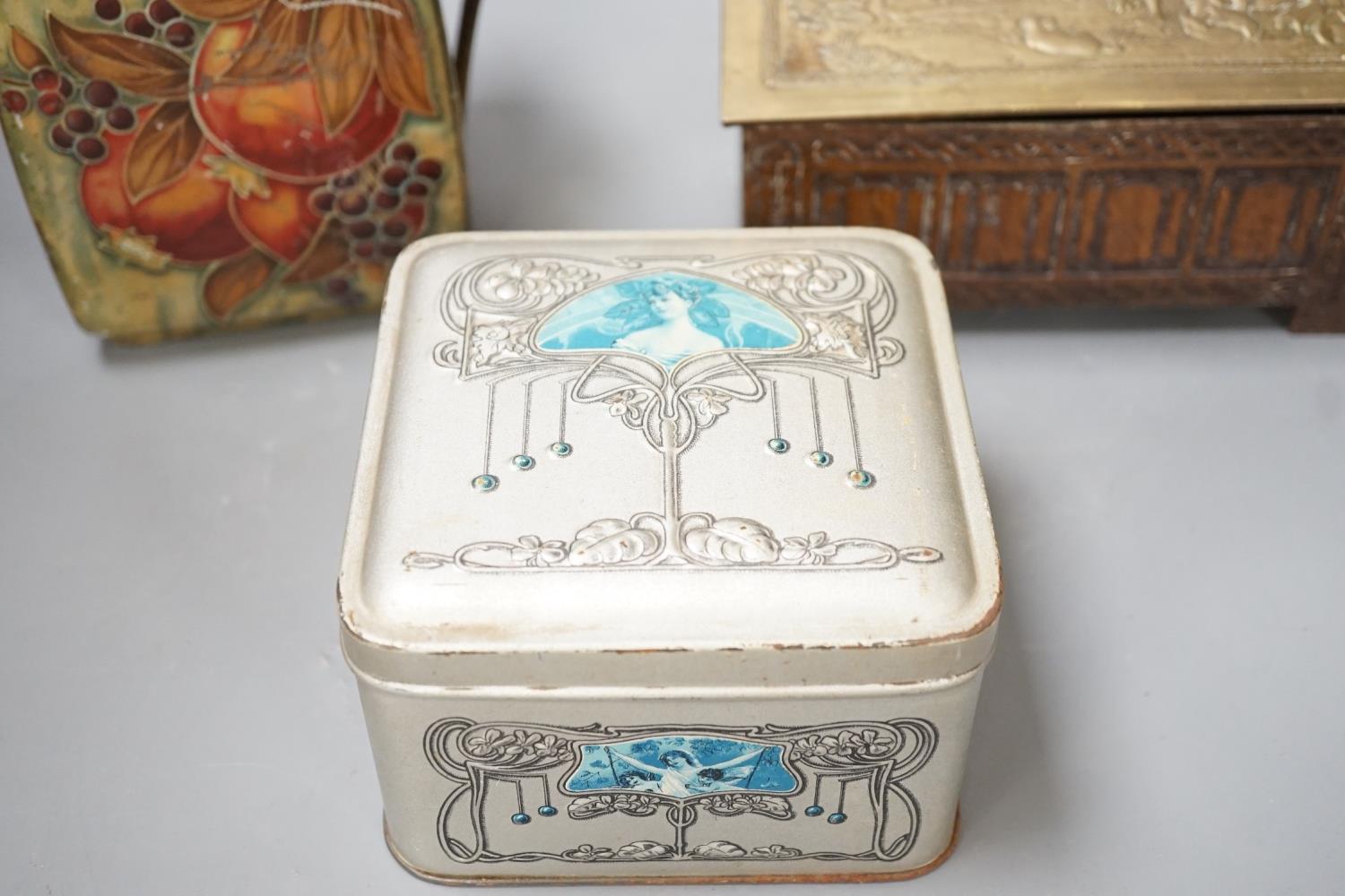 A Jacobs embossed coffer shaped biscuit tin, 16cm wide, a Pomegranate design tin after Moorcroft and - Image 2 of 7