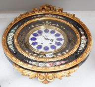 A floral painted clock, length 63cm, quartz movement