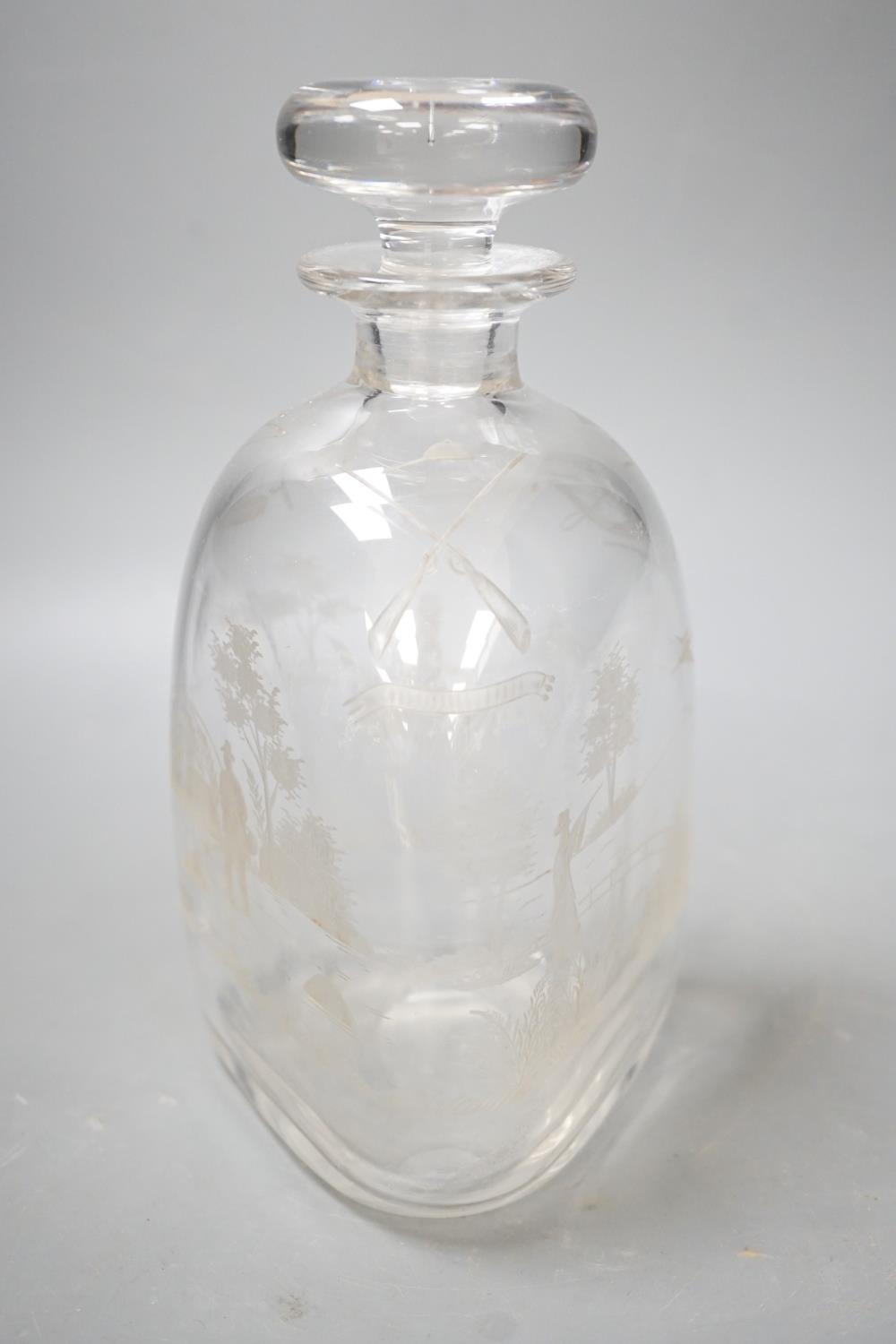 Hunting interest - A Victorian wheel engraved triangular glass decanter, and stopper. 22cm tall - Image 4 of 4