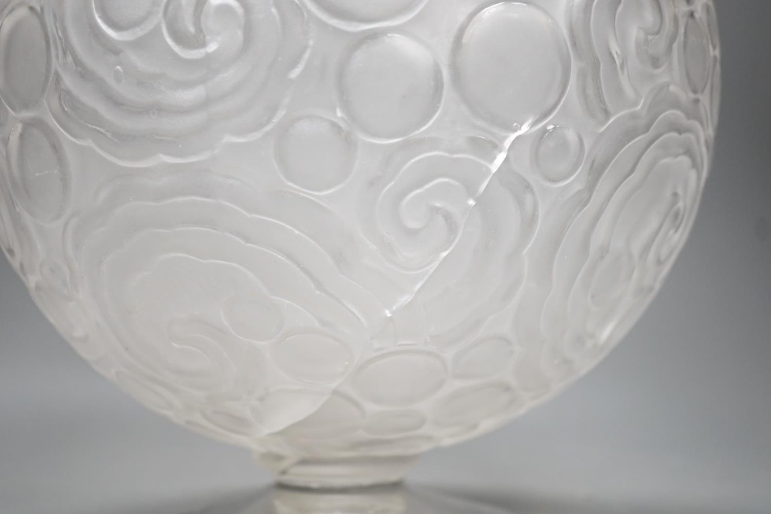 A Sabino etched glass globular vase / table lamp, signed Sabino, France, stem glued, cracked, Height - Image 2 of 4