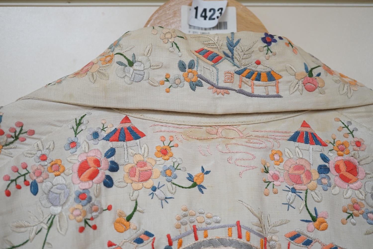 A Chinese 1930’s cream silk and multi coloured embroidered evening jacket, - Image 4 of 6