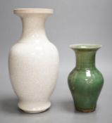 A Chinese white crackleware vase and a smaller green glazed vase,