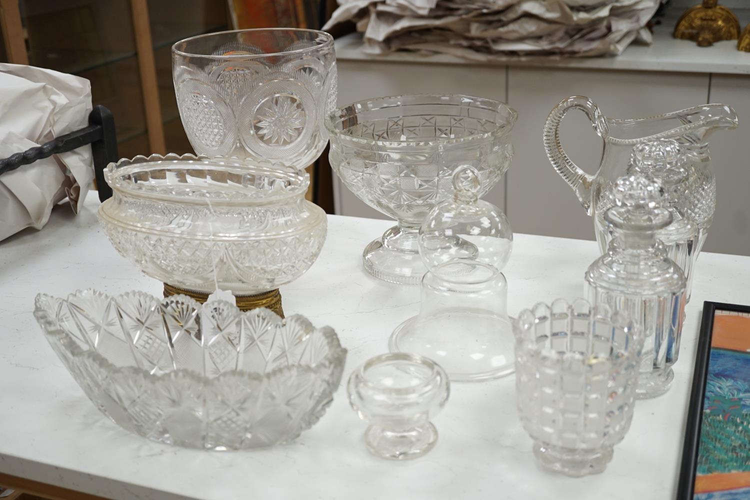 An early 20th century oval cut glass bowl on gilt metal stand, a pair of slice cut decanters and - Image 2 of 6