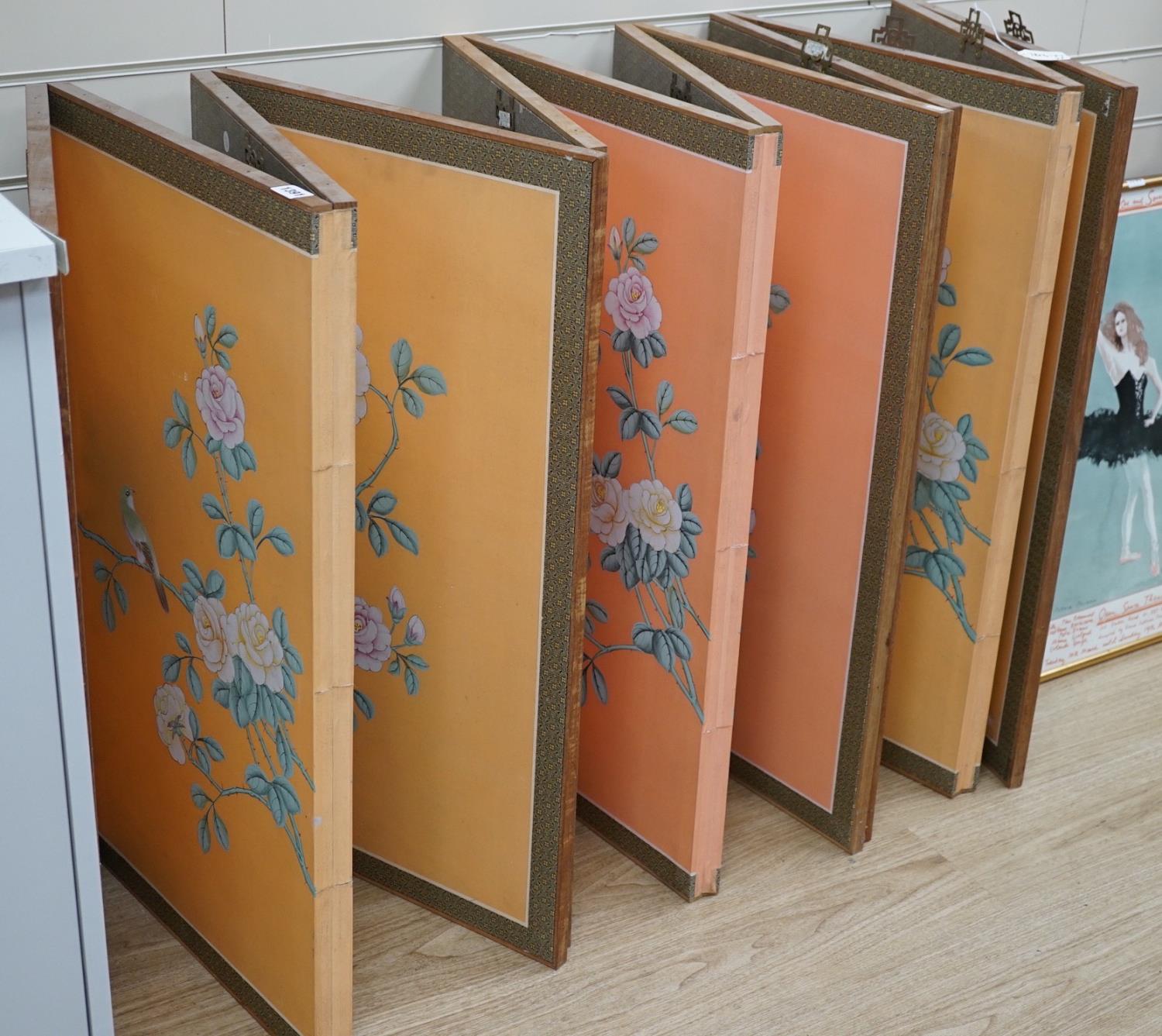 Three, four fold Chinese printed silk screens, 88cms high
