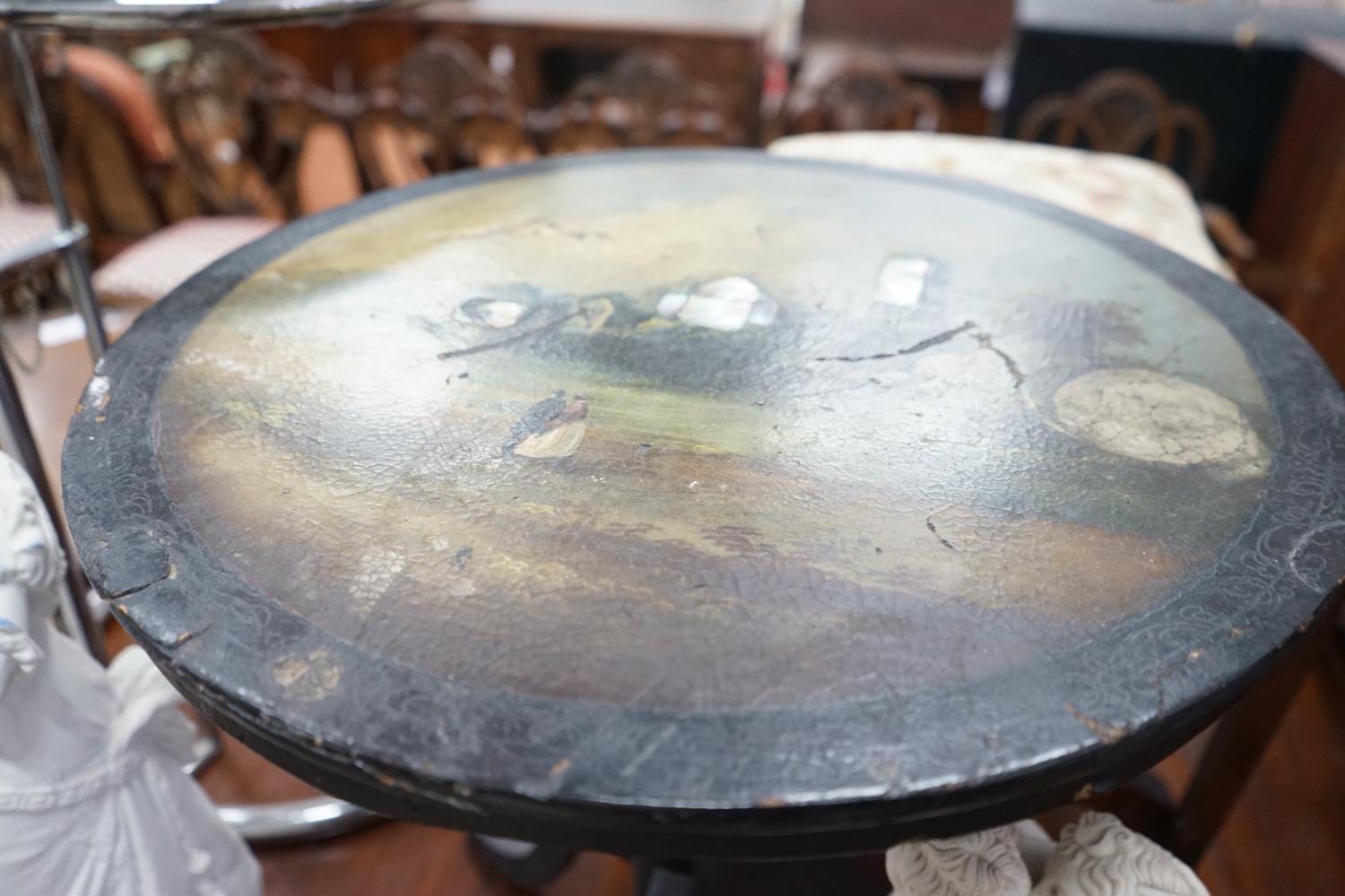 An early 20th century parquetry inlaid square occasional table and a Victorian and later painted - Image 4 of 7