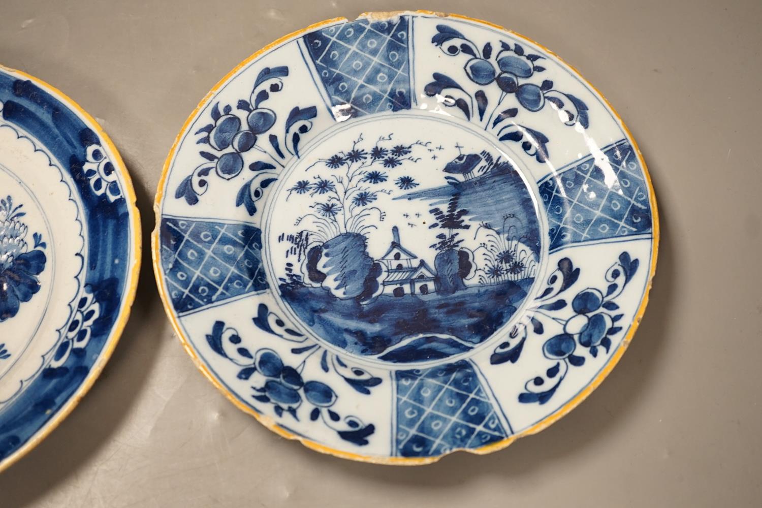 Two 18th century Dutch Delft blue and white plates, largest 23cms diameter - Image 3 of 6