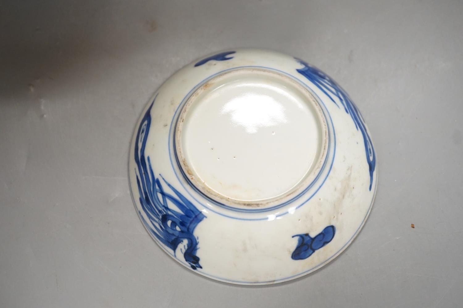 A Chinese crackle glaze blue and white sleeve vase, 20cm high, similar dish and pottery vessel - Image 5 of 8