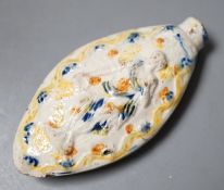 A late 18th century Prattware scent flask with figural decoration, c.1790-1800. 9cm long
