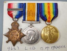 A WWI Mons star (with bar) trio possibly later named to 9647 L.CPL. D. M. FRASER