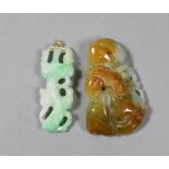 Two Chinese jadeite carvings, one mounted as a pendant, largest 4.7 cm