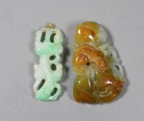 Two Chinese jadeite carvings, one mounted as a pendant, largest 4.7 cm