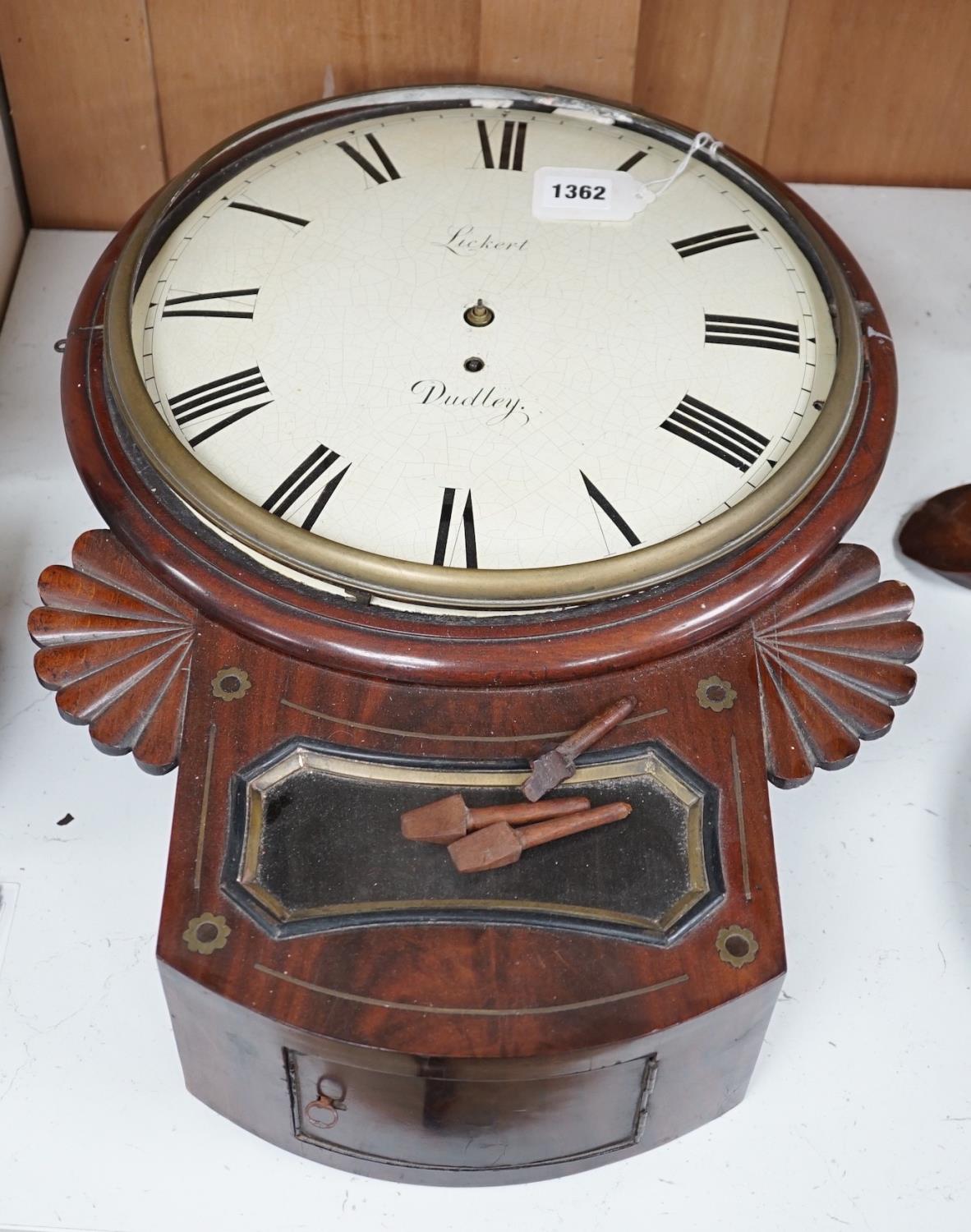 An early 19th century mahogany drop-dial wall clock, single fusee movement, signed Lickert,