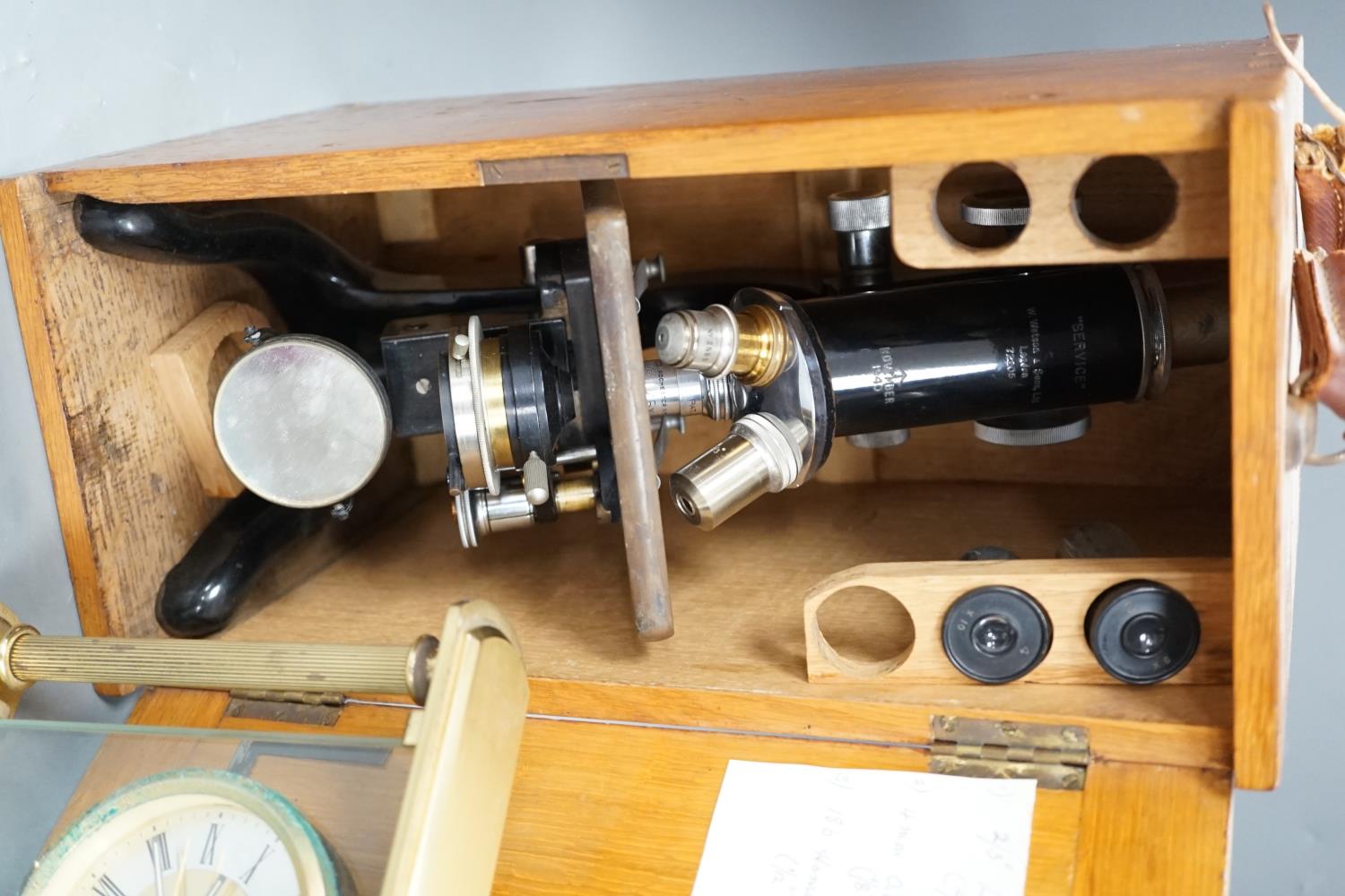 An oak-cased black japanned microscope, case 35cm high, width 16cm, 20cm depth and a brass mantel - Image 4 of 5