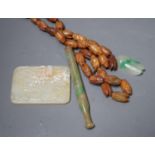 Chinese carved Hardstone ‘cicada’ bead necklace, a carved hardstone plaque a jadeite pipe mouthpiece