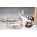 Two Meissen leaf dishes, a Dresden plate, two group figures and mixed ceramics, tallest 25cms high