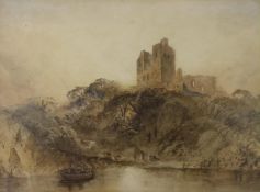 Anthony Vandyke Copley-Fielding (1787-1855), watercolour, Boatman with castle ruins beyond,