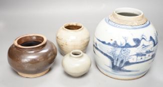 A Chinese celadon jarlet, Yuan-Ming Dynasty, two provincial stoneware jars and a 19th century