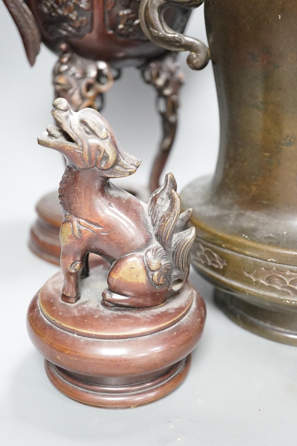 A pair of Japanese bronze vases and covers, 41 cm high and a Japanese two handled vase, 26 cm - Image 2 of 7
