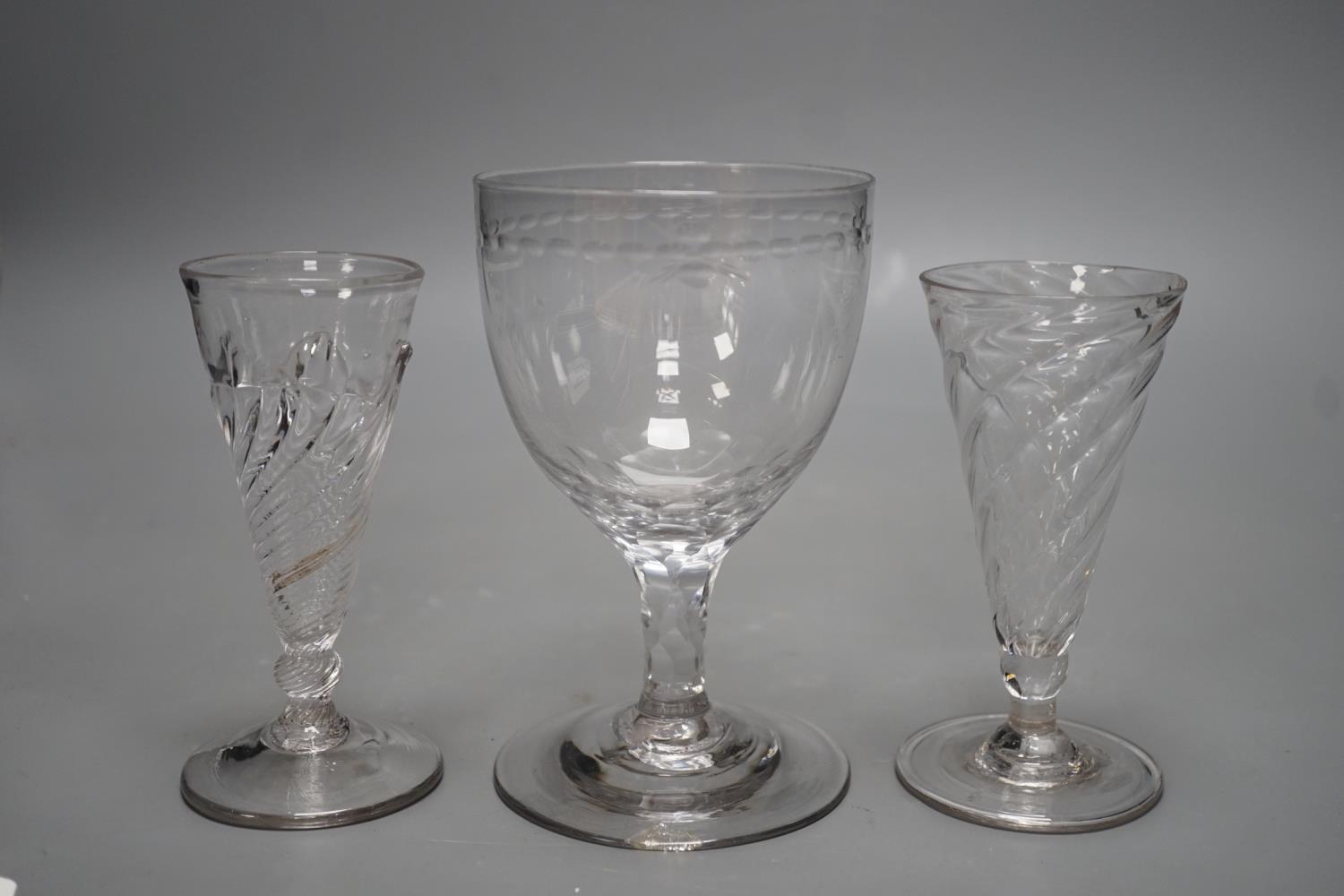 Two wrythen ale flutes, 18th century and a facet stem ‘OXO’ glass rummer, tallest 15cms high - Image 5 of 7