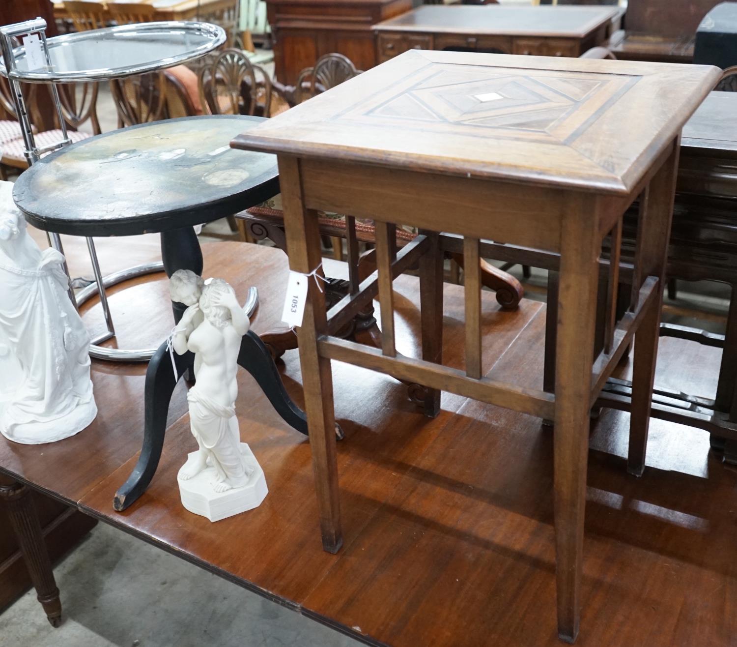 An early 20th century parquetry inlaid square occasional table and a Victorian and later painted