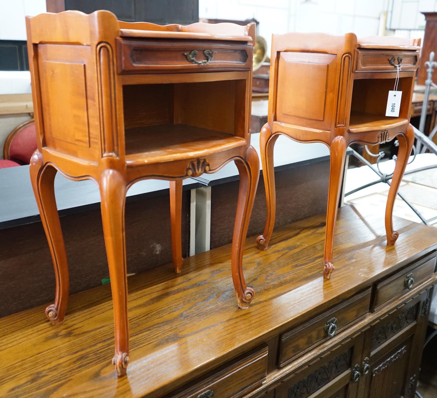 A pair of Louis XV style beech and cherry bedside tables, width 39cm, depth 30cm, height 69cm