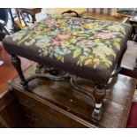 A William & Mary style walnut stool, with 'X' shaped understretcher, length 65cm, width 53cm, height