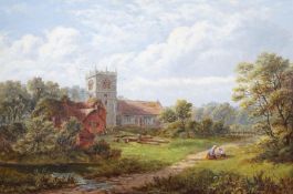 Robert Mann Jnr (1841-1892), oil on canvas, 'Lapley Church, Staffordshire from the meadows', 29 x