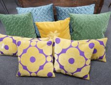 Ten assorted cushions two pairs in purple/gold velvetone pair gold with palm leavesone pair
