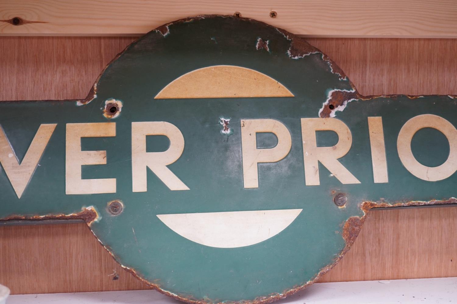 A Southern Railway enamel target sign "Dover Priory", 91cms wide - Image 3 of 4