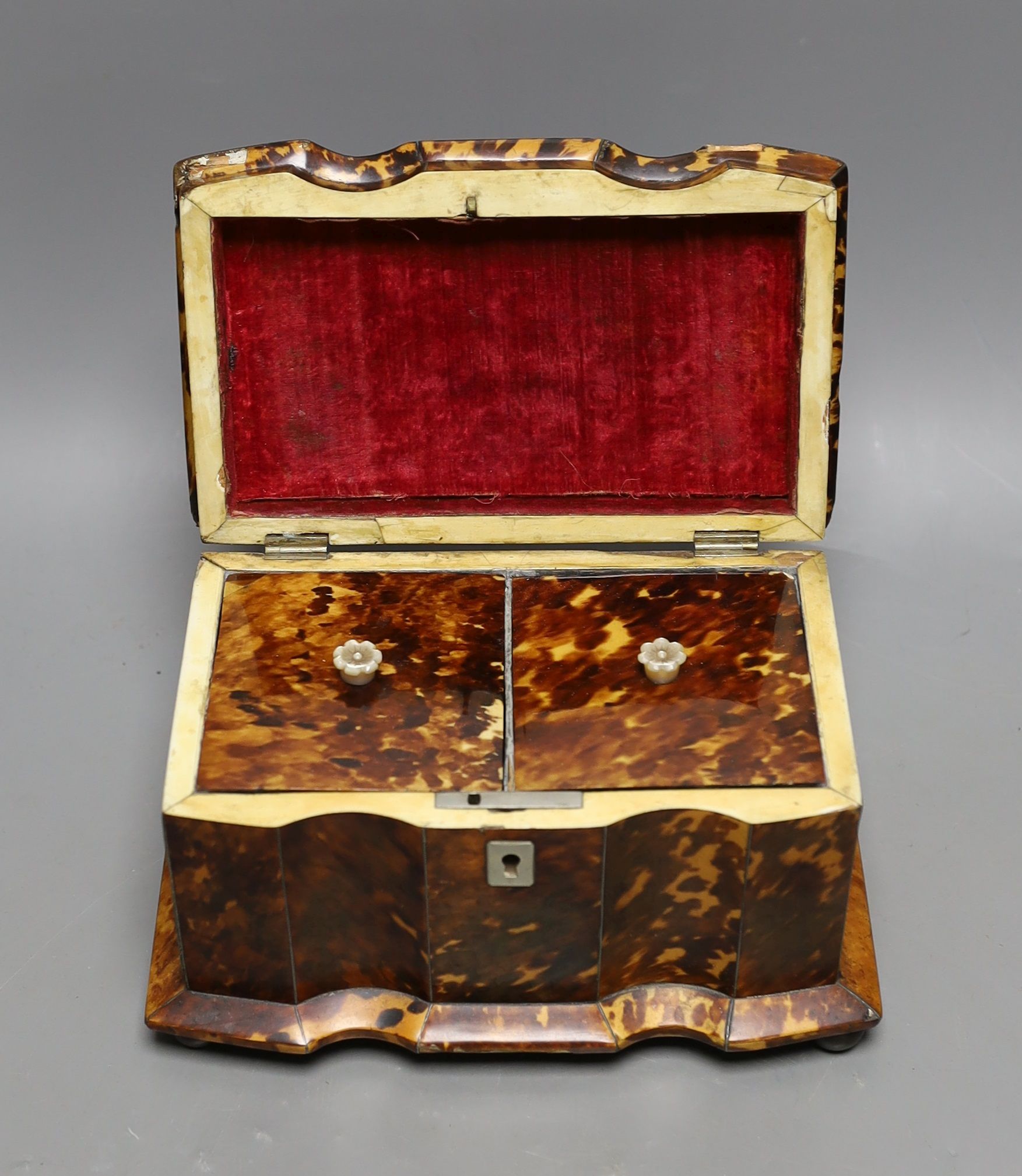 A 19th century tortoiseshell veneered tea caddy, ivory veneered edging, 20cms wide Ivory - Image 2 of 6