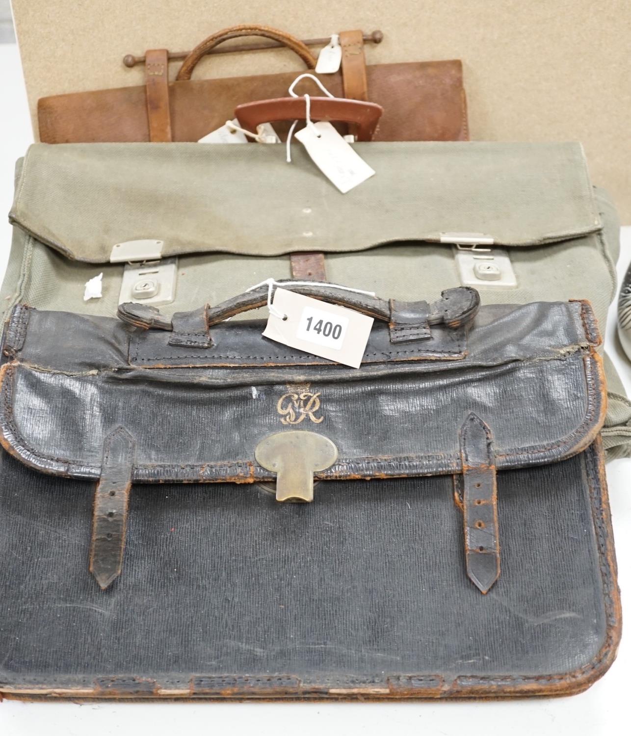 A satchel with George the VI monogram, a German Third Reich style satchel, a quantity of wartime