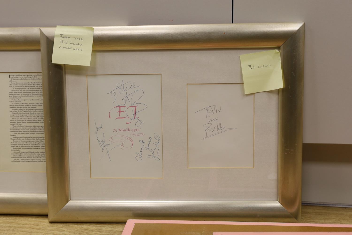 A collection of mostly framed autographs to include an event card from Elton John, 25 March 1994 - Image 4 of 6