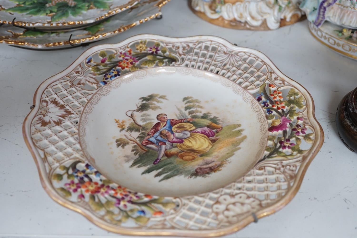 Two Meissen leaf dishes, a Dresden plate, two group figures and mixed ceramics, tallest 25cms high - Image 20 of 22