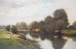 Robert Thorne Waite RWS (1842-1935), oil on canvas, Sheep grazing alongside a river, signed,