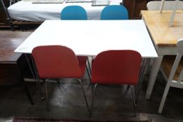 A contemporary John Lewis painted ply and chrome table and four chairs, table width 120cms, depth