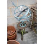 Twelve assorted terracotta garden planters with assorted dish bases, a metal sphere on cast iron