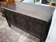 An 18th century carved, panelled oak coffer, width 130cm, depth 57cm, height 78cm