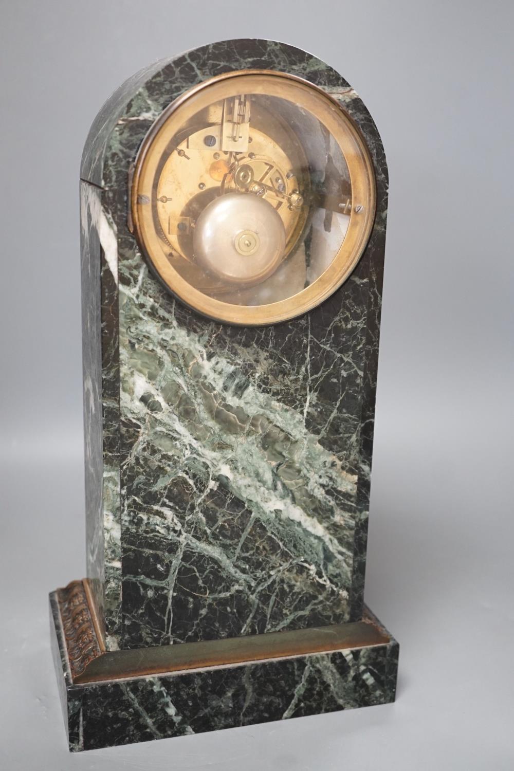 A 19th century French bronze mounted dome topped, green marble mantel clock, the enamel dial - Image 5 of 7