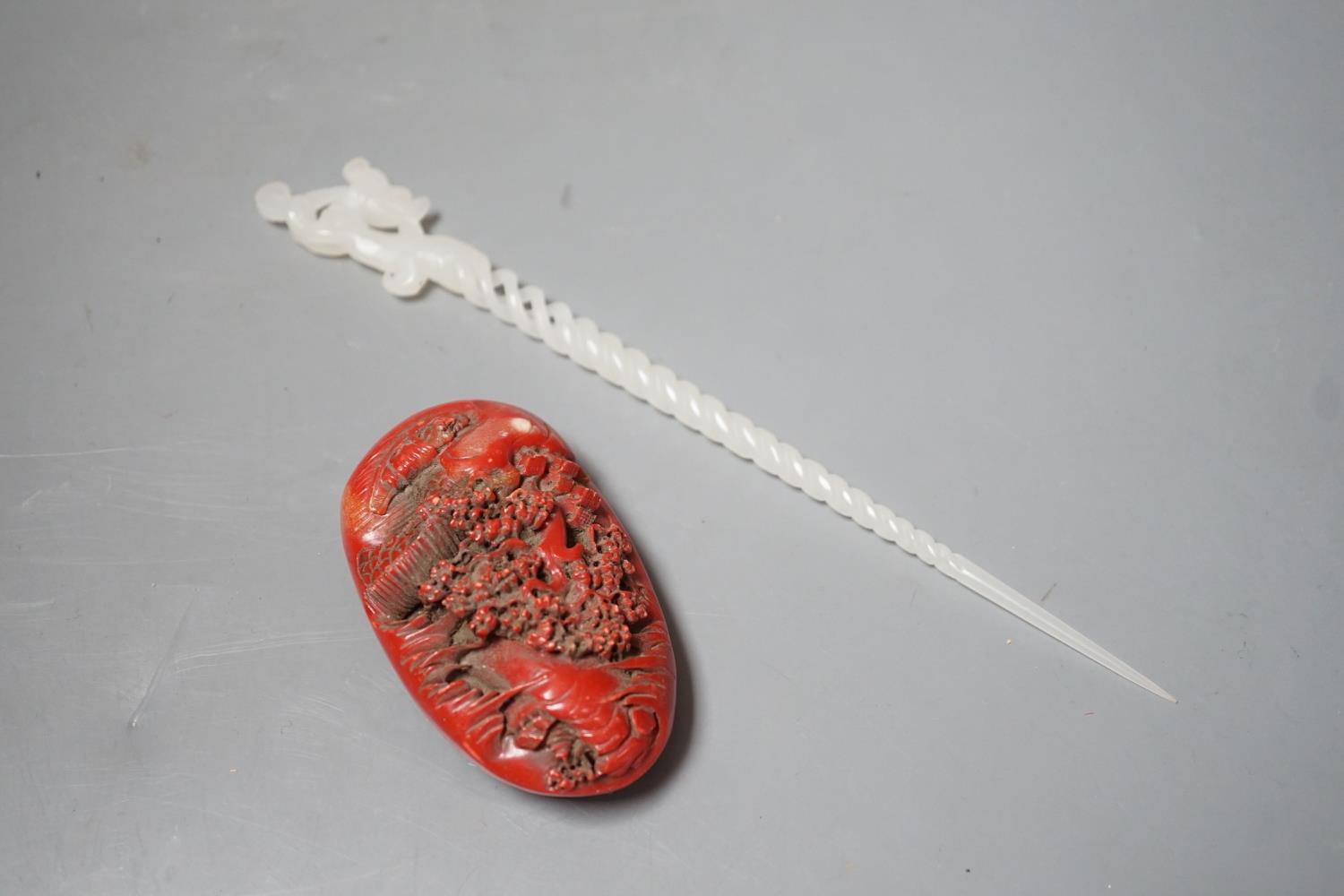 A Chinese glass spiral hair pin, together with a soapstone carving of a village amongst a blossom - Image 6 of 6