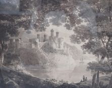 Early 19th century English School, monochrome watercolour, Coastal castle viewed from woods, 27 x