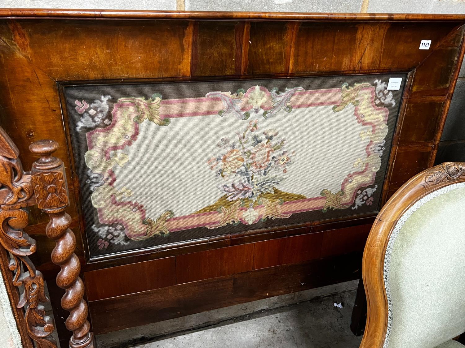 A Victorian rectangular walnut framed headboard with a floral tapestry panel, height 113cm - Image 2 of 4