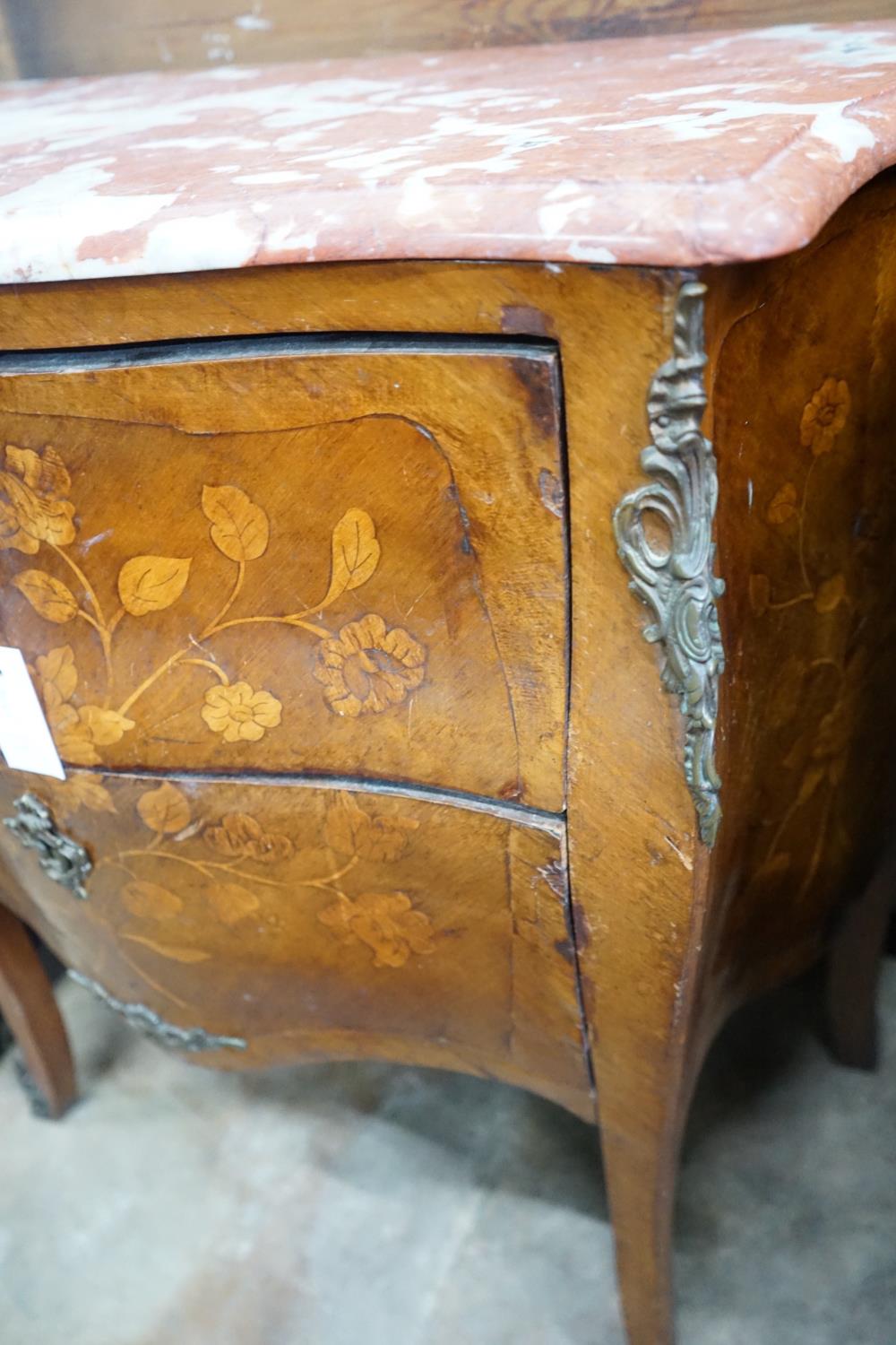 A Louis XVI style marquetry inlaid gilt metal mounted marble top bombe commode, width 83cm, depth - Image 3 of 3