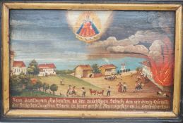 19th century German School, oil on wooden panel, Village scene with figures fire fighting, inscribed