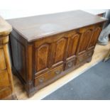 A George III mahogany banded oak mule chest, width 137cm, depth 55cm, height 85cm