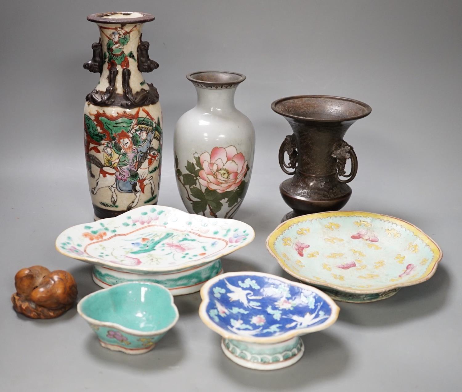 A group of 19th century Chinese porcelain dishes and a vase, and a Japanese ‘bird’ carving etc. - Image 6 of 17