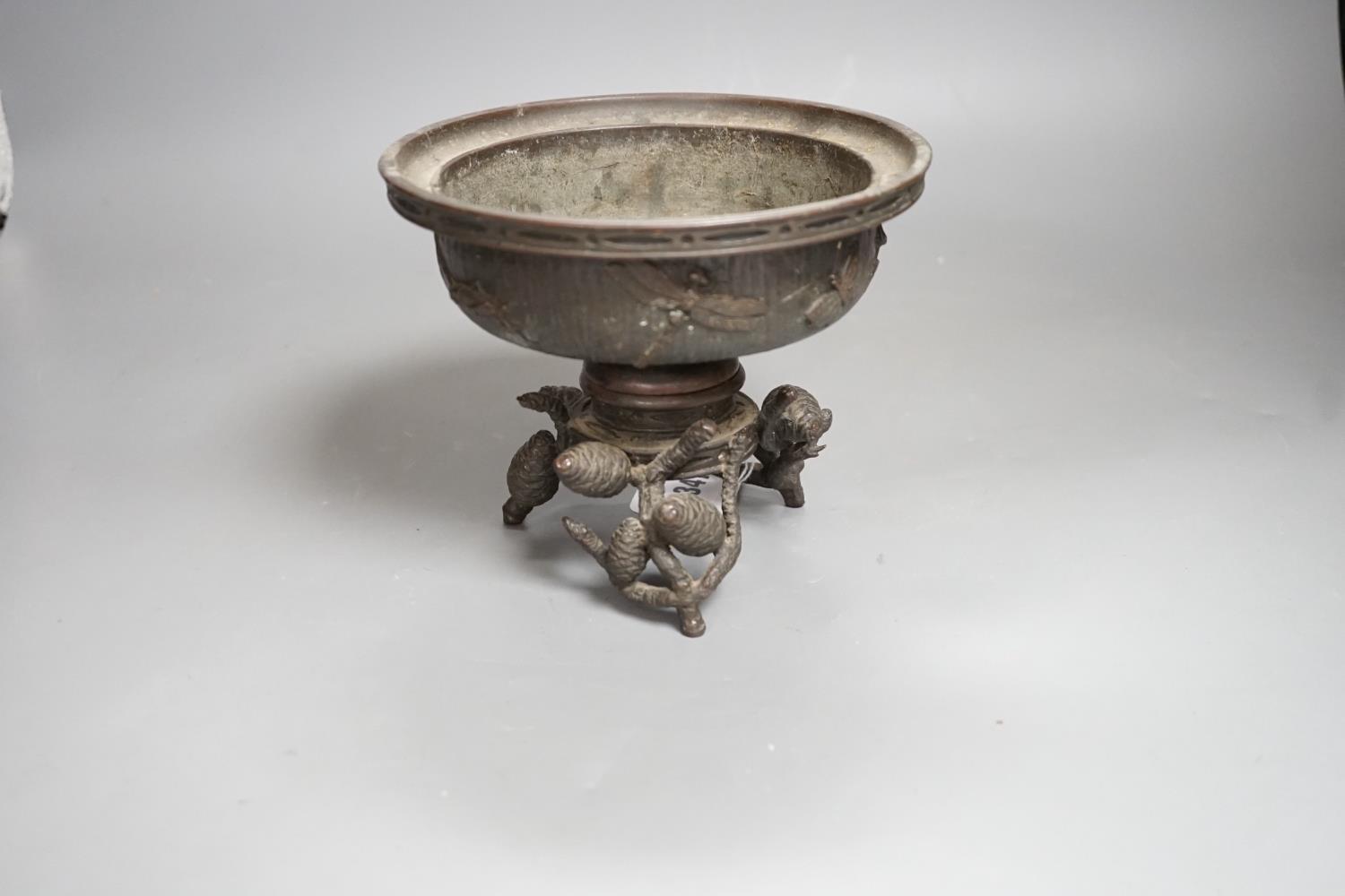 A Japanese Meiji period bronze censer decorated with insects, on a pinecone base, signed. Height - Image 2 of 6